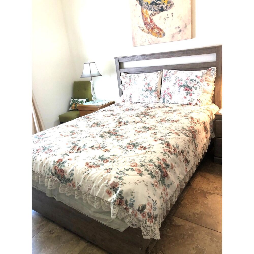 Vtg Springs Industries Floral Full Comforter 2 Shams Shabby Cottagecore Lace USA